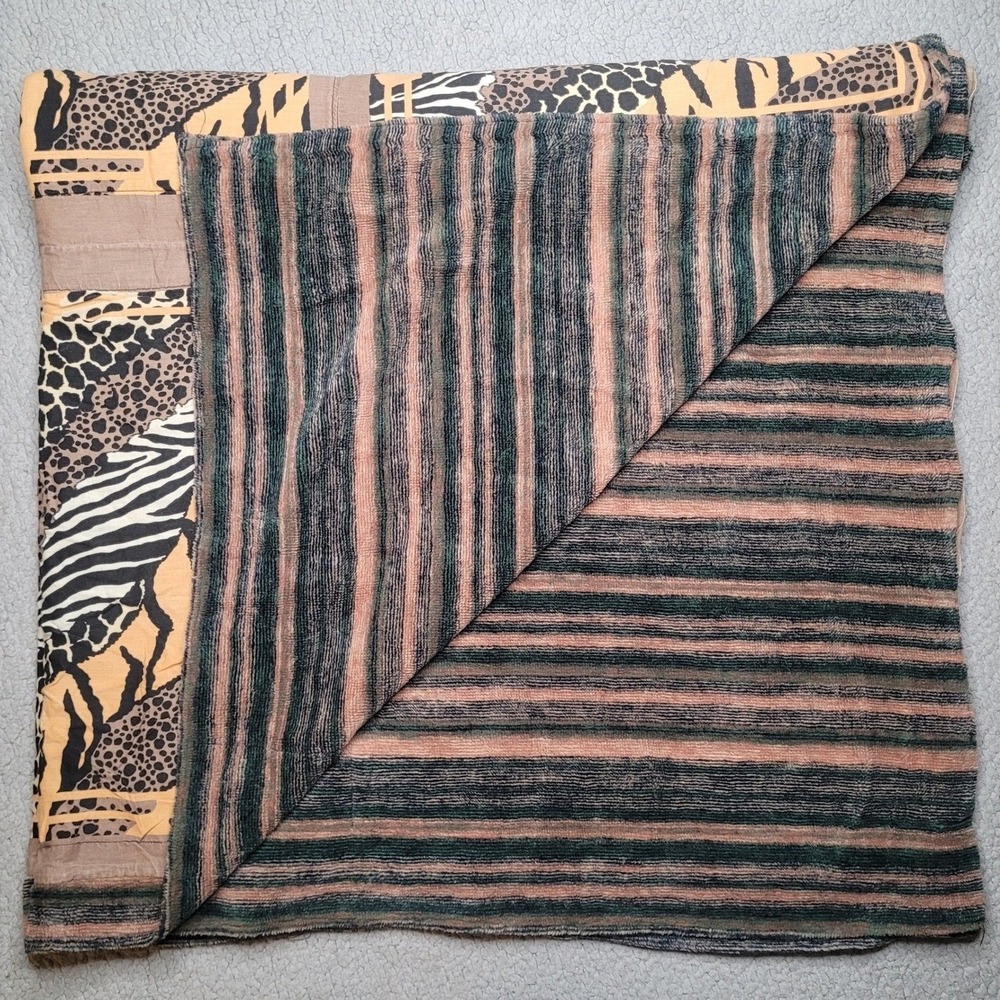 Vintage Animal Print Blanket Brown Cotton Safari Striped Woven USA Reversible